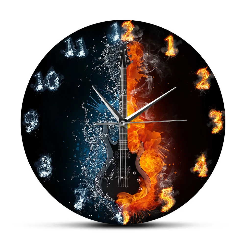 

Half Water Half Fire Electric Guitar Wall Clock For Rock Band Music Recording Room Guitar Player Home Decor Clock Guitarist Gift