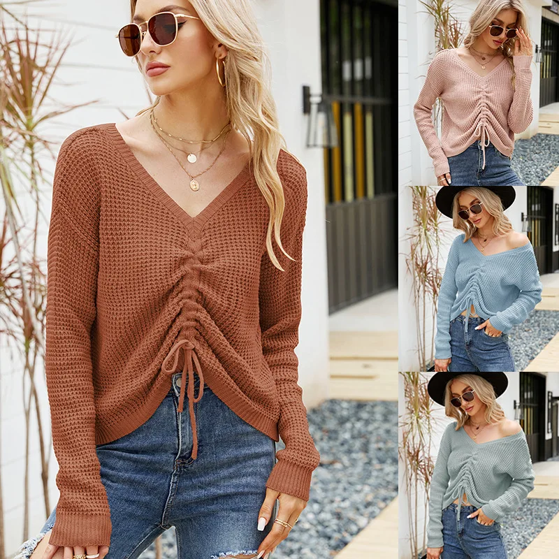 

Versatile Top Drawstring Irregular Solid Knit Sexy V-Neck Long Sleeve Sweater