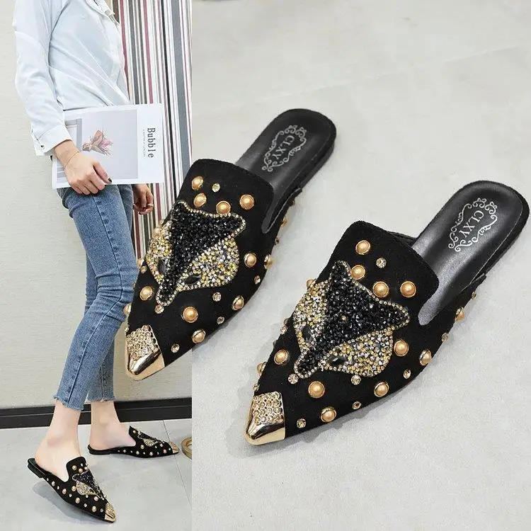 

2022 Women Shoe Pointed Rhinestone Rivet Flat Women Slippers Slip-On Mules Loafer Sandals Slides