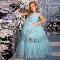 long light blue puffy toddler birthday flower girl dress beads pleat wedding dresses custom made fashion show first communion