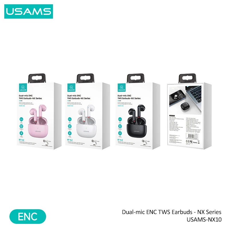 USAMS TWS Беспроводные наушники Bluetooth 5.2 Наушники ENC Гарнитура с микрофоном Зарядное