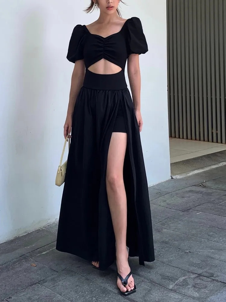 

Summer Casual Vintage Y2k Black Dresses Women Solid Sexy Split Midi Dress Female Beach Party Holiday Retro Vestidos New