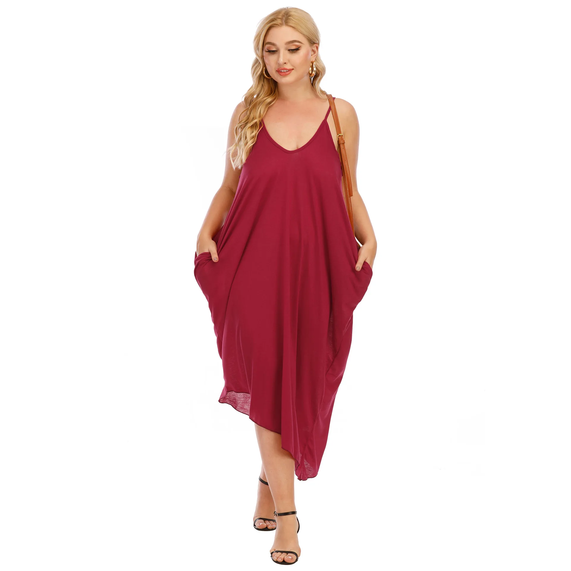 XL-4XL Plus Size Sheer Backless Dress for Women Sexy Outfit Off Shoulder V-neck Midi Slip Dresses Ladies with Pocket Loose Dress