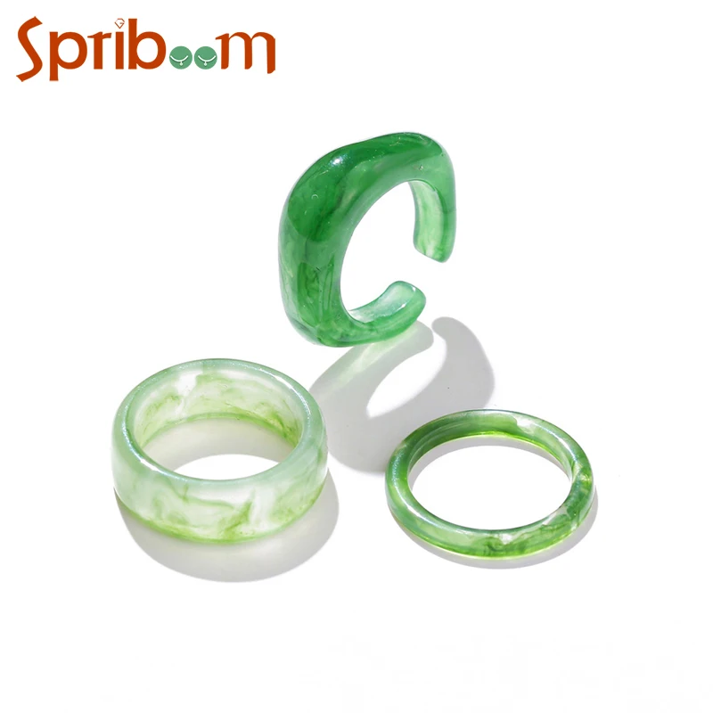 

Green Acrylic Ring Set for Women Girls Geometric Retro Rings Aesthetic Jewelry Minimalism Accessories Female Gifts 3Pcs/set
