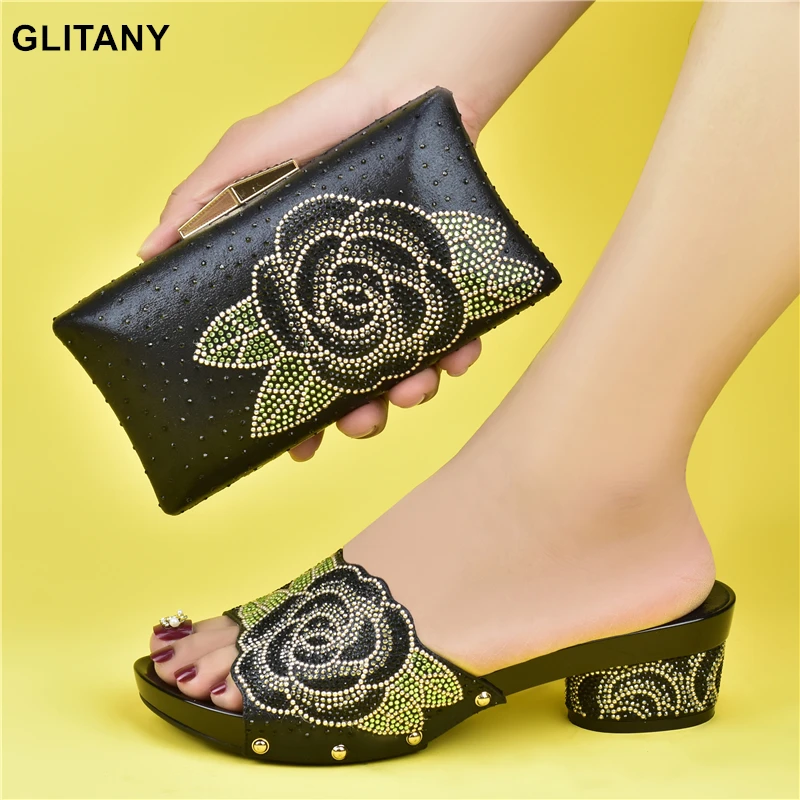 

Latest Design Italian Shoes with Matching Bags Set Decorated with Rhinestone Bag and Shoes Set Italy Womens Dress Shoes Open Toe