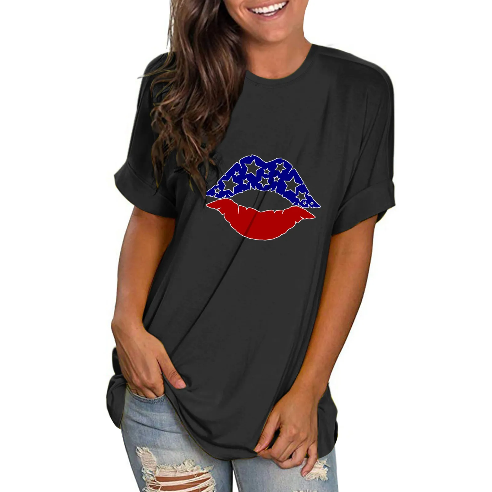 

Womens Hand Painted American Flag Shirt Side Slit Tee Shirt Pullover Short Sleeve Tops Independence Day Loose Fit Top Women