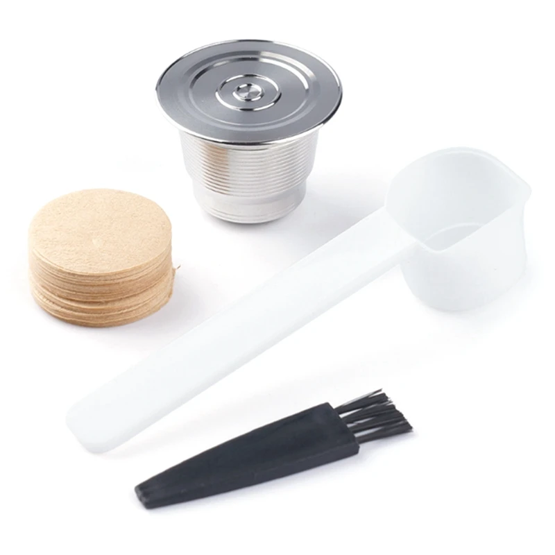 

Refillable Reusable Coffee Filter Stainless Steel Coffee Capsules Filter Paper With Spoon Brush Easy To Clean