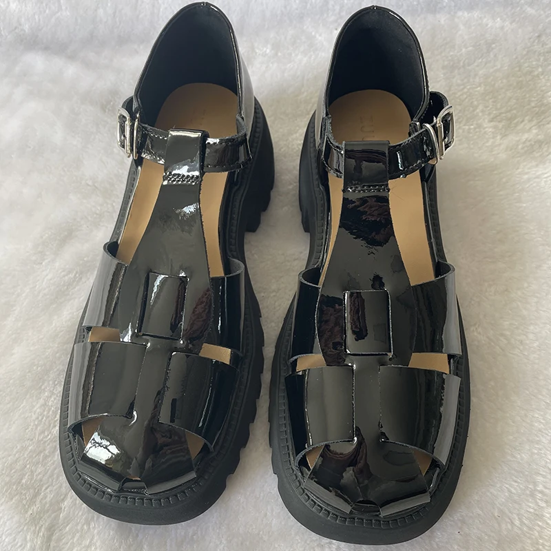 2023 Summer New Roman Sandals Ladies Genuine Leather Fashion Hollow Weave Retro Thick Heel Women Sandals