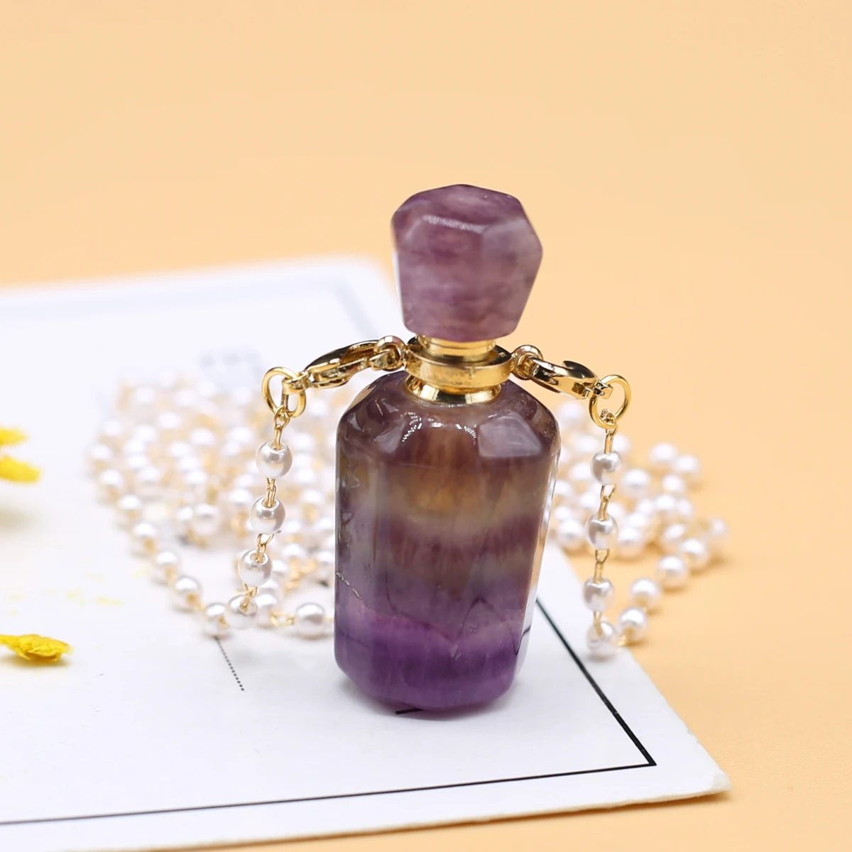 

Natural Fluorite Stone Perfume Bottle Pendants Necklace Pearl Chains Essential Oil Bottles for Women Jewerly