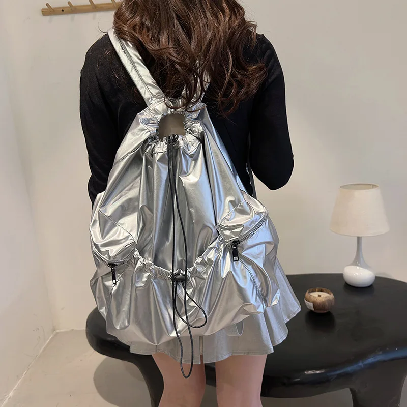 Вместительный серебристый рюкзак в Корейском стиле легкие плиссированные