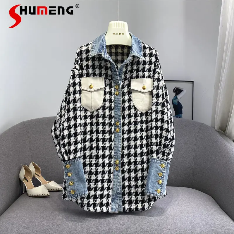 

Houndstooth Pocket Design Denim Splicing Coat Women's Long-Sleeved Cardigan Button 2022 Autumn Spring New Loose Jacket