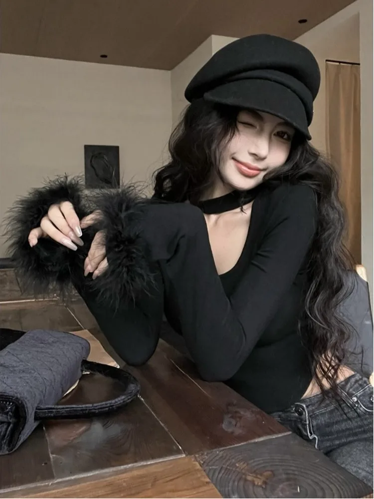 Pure Desire Сексуальный меховой топ с U-образным воротником Gyaru женская осенняя