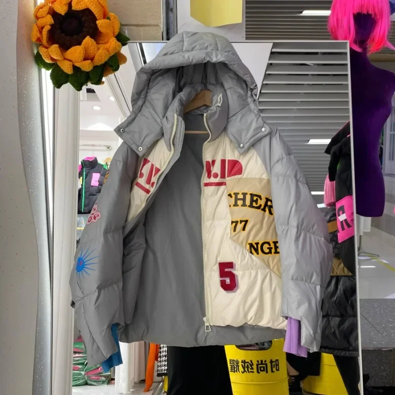 Утепленный пуховик в Корейском стиле с капюшоном и надписью