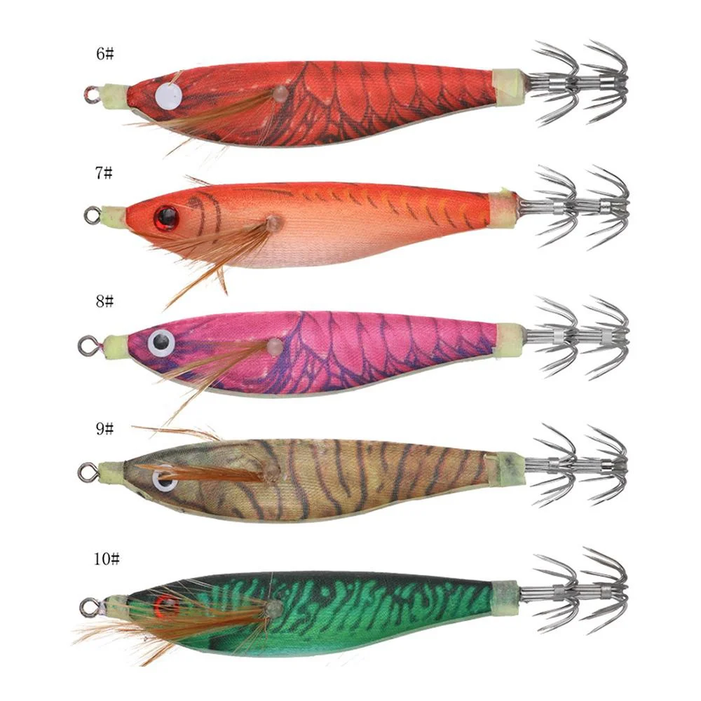 

5pcs Wooden Shrimp Fishing Lure Squid Jig Fishing Hook Octopus Cuttlefish Artificial Jigging Lures Hard Bait 10cm 11g