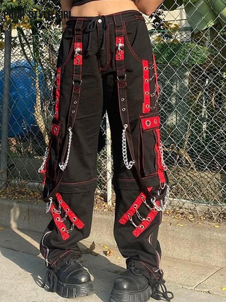 

Cyber Punk Unisex Cargo Wide Leg Pants Chain Bandage Ruched Tie Capris Pants Women Gothic Baggy Trousers BF Hippie Grunge Jogger
