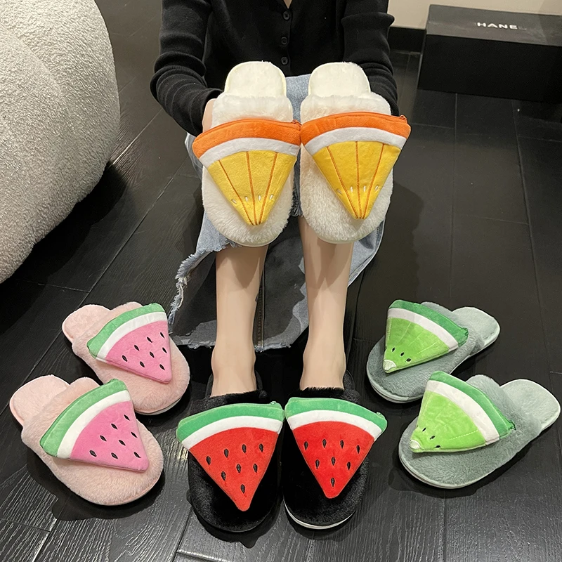 

Модные домашние тапочки с фруктами, женские плюшевые домашние тапочки, Нескользящие мягкие зимние туфли на плоской подошве