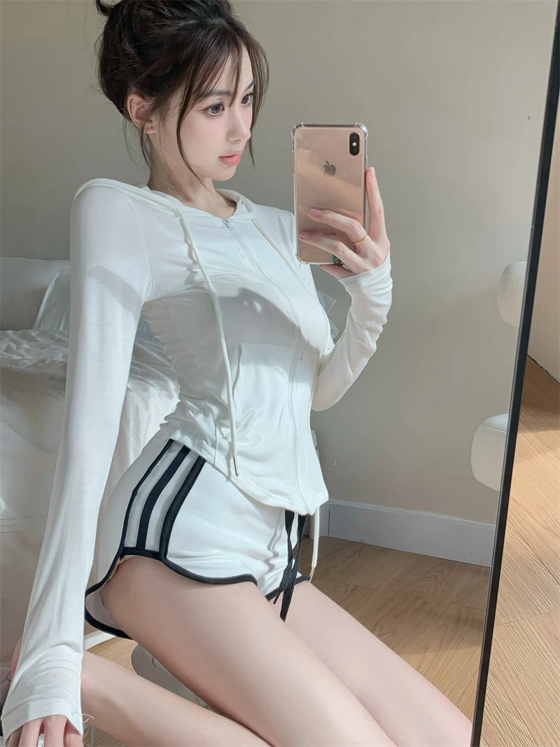 

White thin sweater new short top women's niche jacket zipper hoodie mid-length loose