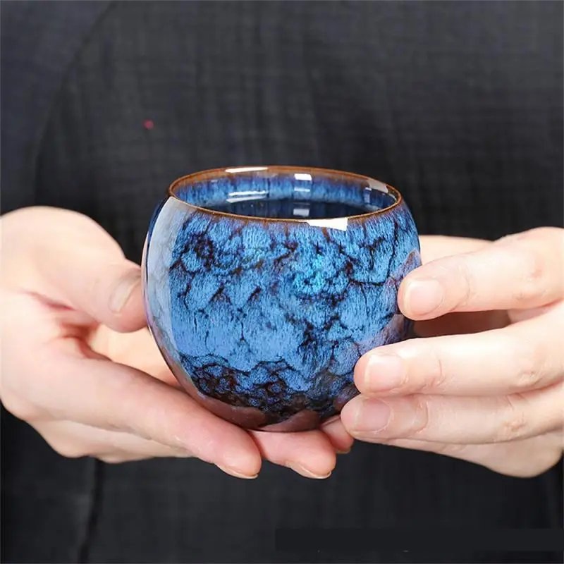 

Chinese Kiln Change Ceramic Jianzhan Tea Cup Retro Temmoku Glaze Teacup Blue Pottery Tea Bowl Home Teaware Master Cups Single