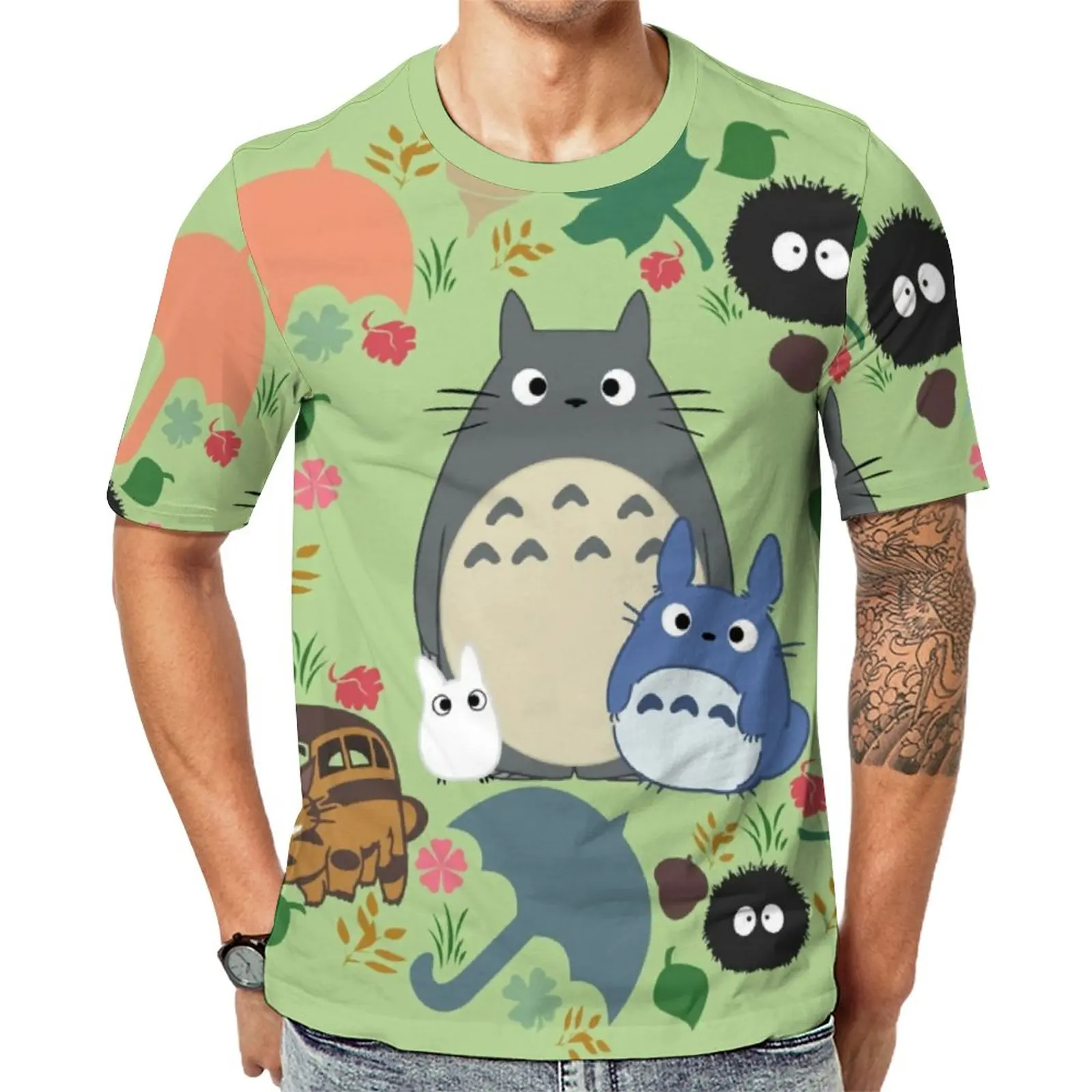 

Green Totoro Wreath T Shirt Umbrella Anime Print Popular T Shirts Man Y2K Tshirt Original Short Sleeves Custom Clothes Plus Size