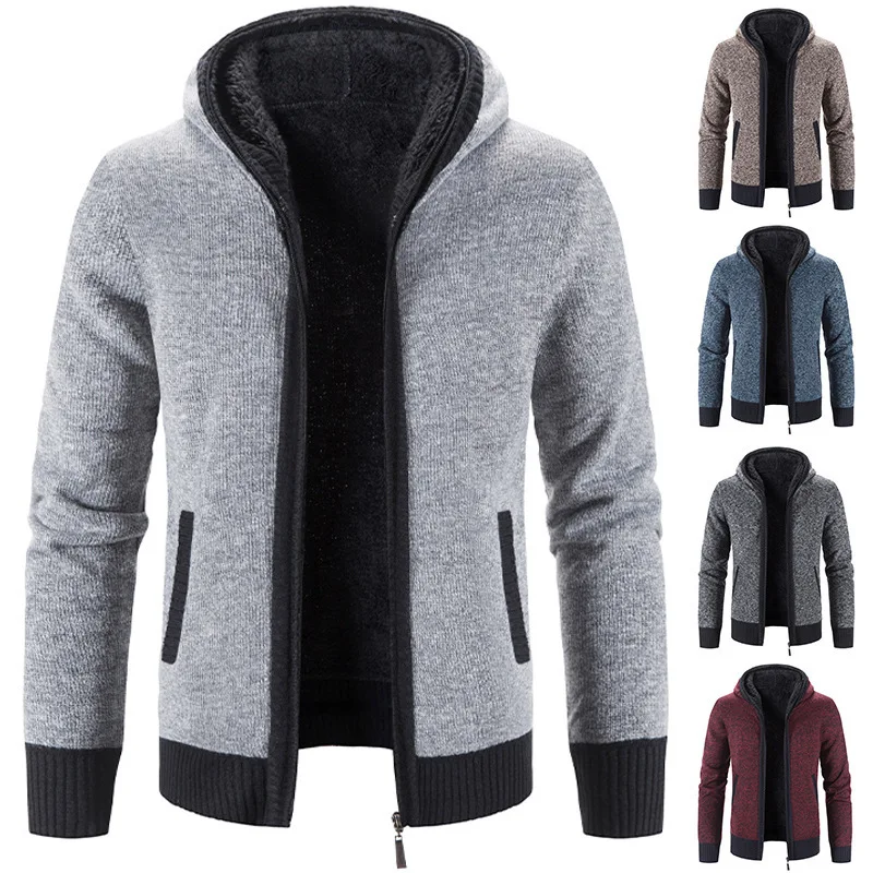 

Knitted Men's Cardigan Autumn Winter Hooded Zipper Plush and Thickened Sweater Casual Coat For Middle-aged Young People M1076