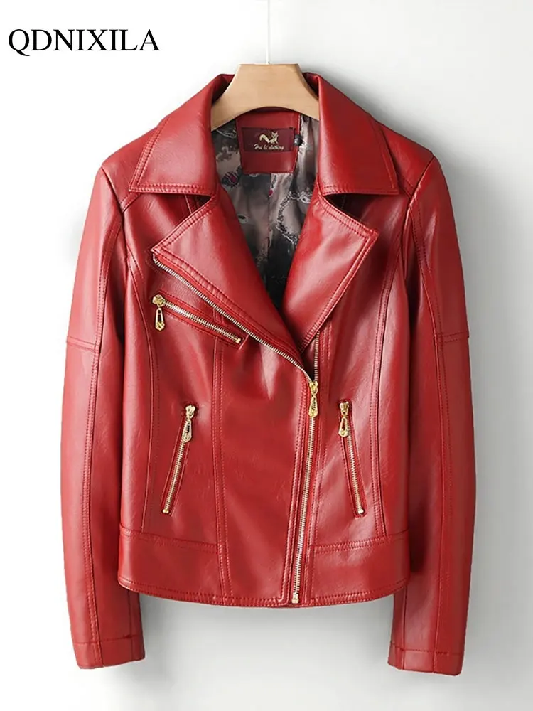 Enlarge 2023 Spring Autumn Women's Faux Leather Jacket Moto Biker Zipper Asymmetric Red PU Imitation Leather Women Coat Oversize Winter