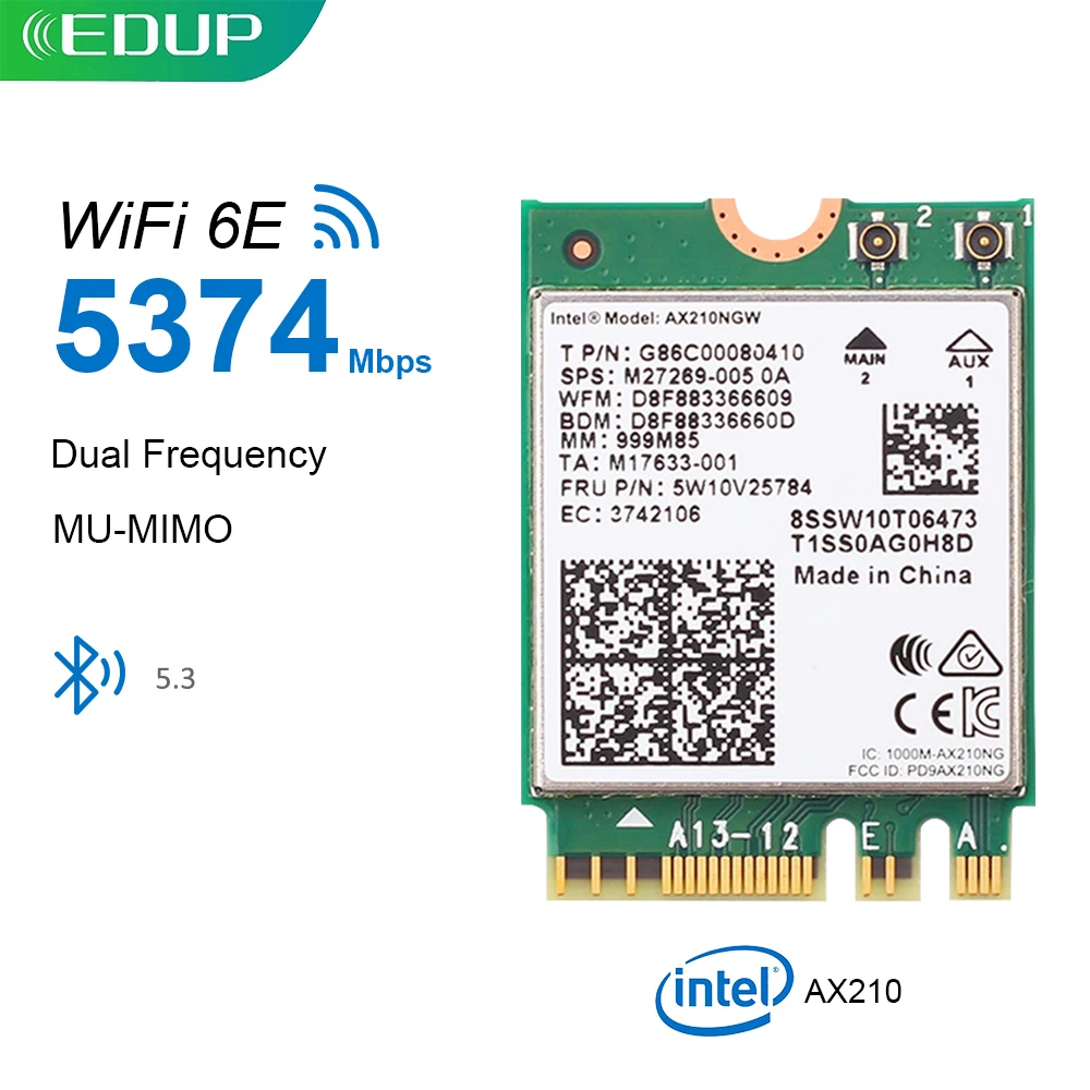 EDUP 5374 Мбит/с Intel AX210 WiFi 6E карта PCIE Bluetooth 5,3 двухдиапазонный 2,4G/5 ГГц беспроводной сетевой адаптер Wi-Fi приемник для ноутбука