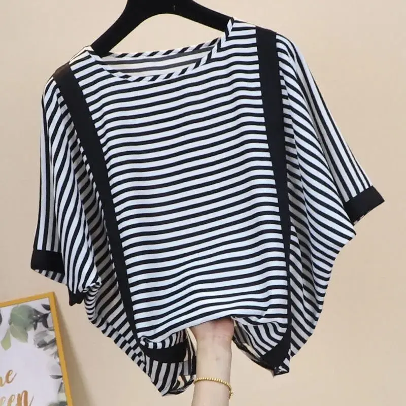 

Модная Свободная Повседневная полосатая блузка из двух частей с принтом, женская одежда, Летние Новые Топы большого размера с рукавом летуч...