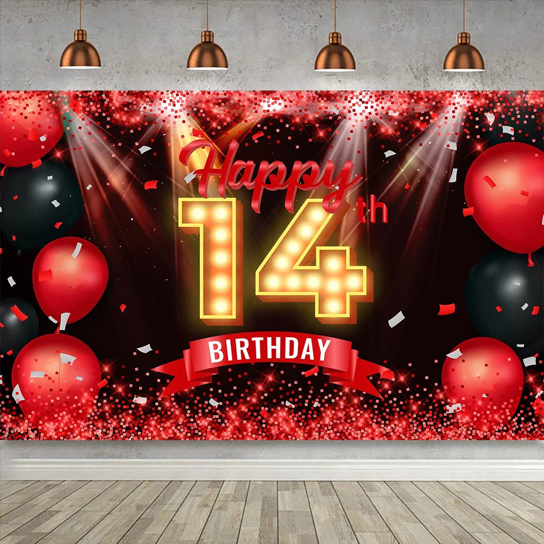 Happy 14th Birthday Party Cake Banner Photography Backdrop Red and Black 14 Years Old Background Bday Decorations for Girls Boys