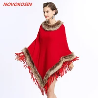 6 colors women printed poncho winter faux fox fur loose shawl capes knitted triangle tassel oversize fur neck pullover coat