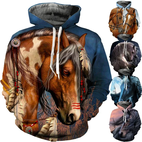 

New Cartoon Hoodie Horse Animal Feather 3D Sweatshirt Casual Street Hoodie Funny Hooded Pullover Plus Size