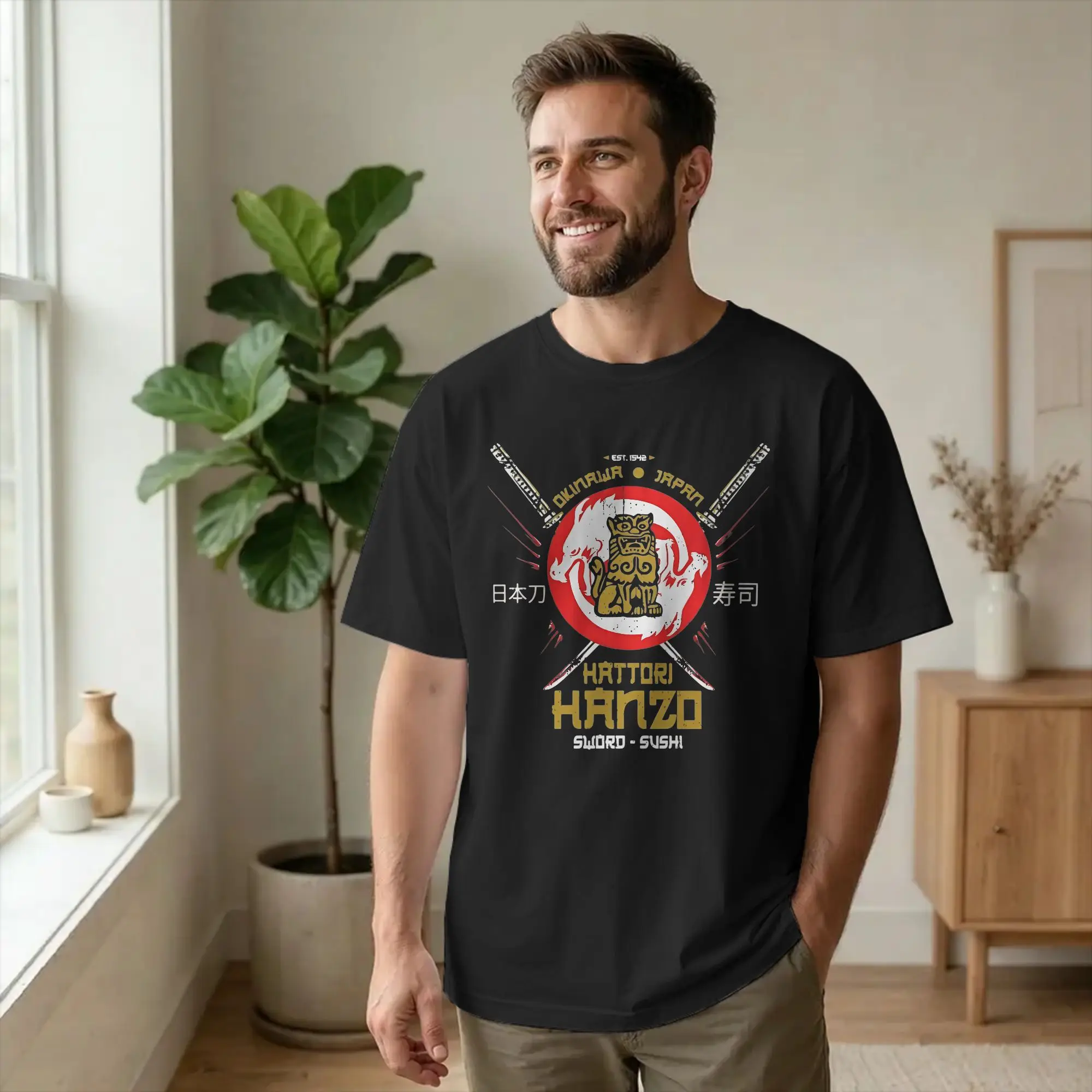 Фото Мужская футболка Warrior Hattori Hanzo Sword Sushi, японская футболка для отдыха из Окинавы, футболка с короткими рукавами и круглым вырезом, хлопковая одежда больших размеров №1