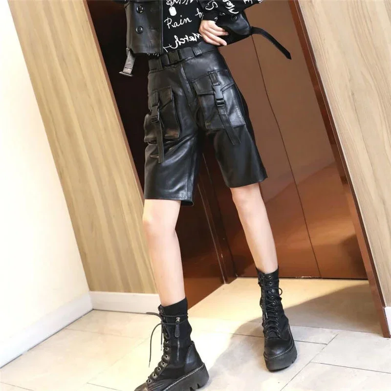 Мужские черные матовые кожаные шорты повседневные свободные брюки с карманами