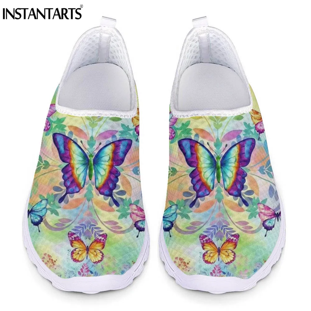 

INSTANTARTS New Designs Female Slip-on Flat Shoes Colorful Butterflies and Flower Print Mesh Sneakers for Women Comfort Loafers