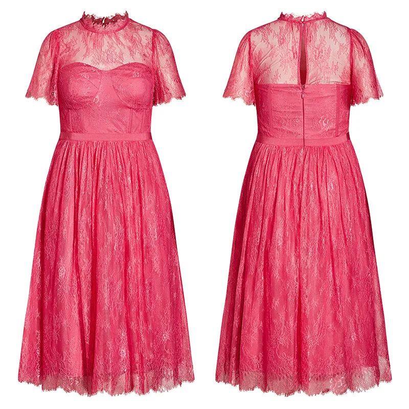 Plus Size Women's Dress New Fashion Large Silk Color Large Size Light Mature Style Fat MM Lace Short Sleeve Women's Long Dress