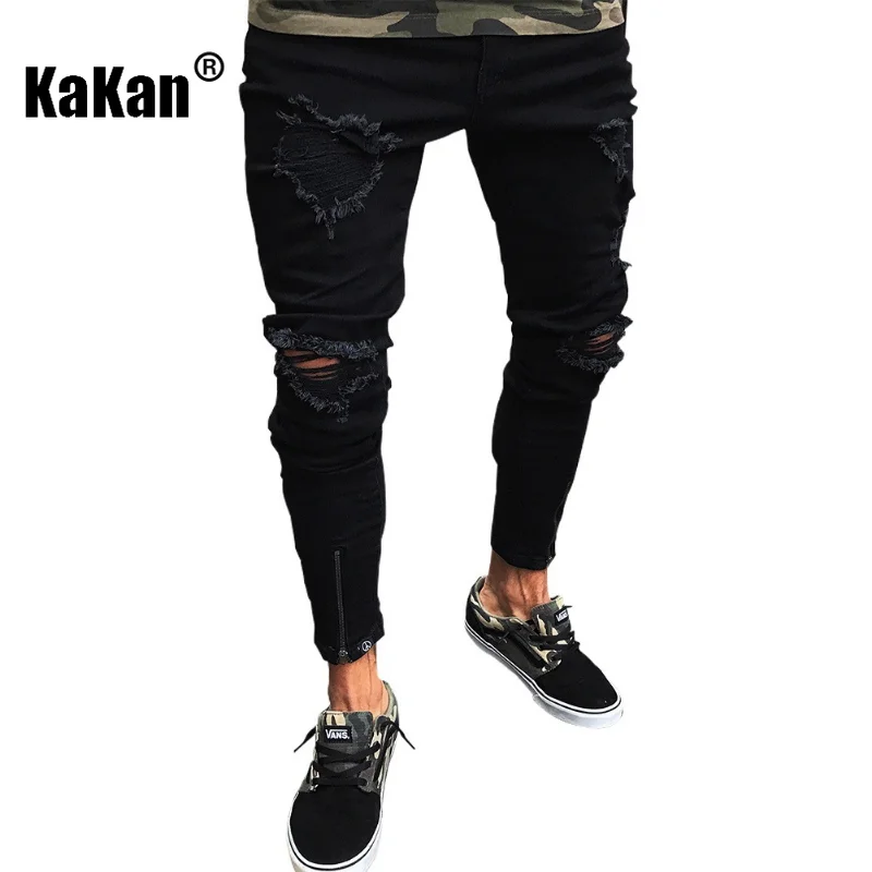 Kakan - New European and American Distressed Small Leg Jeans for Men, High Street Slim Fit Elastic Motorcycle Long JeansK49-8555