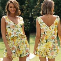sleeveless floral print boho summer romper playsuit women v neck overalls top shorts two pieces beach holiday romper