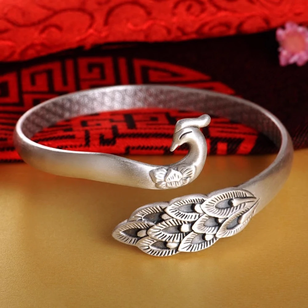 

Женский Браслет-манжета из чистого серебра S999 с павлином