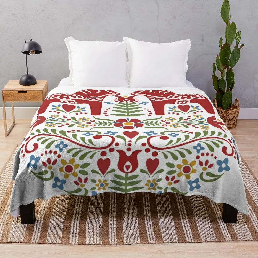 

Scandinavian Dala Horse, Swedish Folk Art Throw Blanket Flannel Fabric Knitted Plaid Soft Plaid