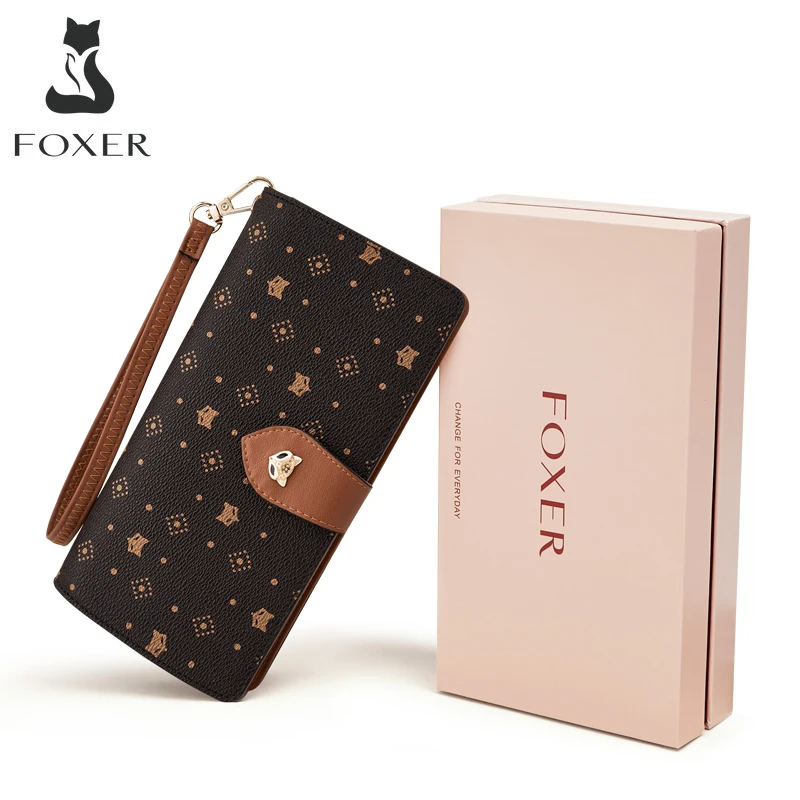 FOXER Sign Luxury Long Wallet Lady Fashion Card Holder PVC Leather Coin Purse Two Fold Money Bag Women Monogram Clutch Phone Bag