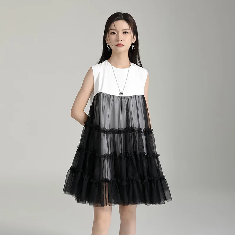 

Leorlax Original design two-piece patchwork mesh dress for women Summer2023New loose slimming large hem short skirt pettiskirt