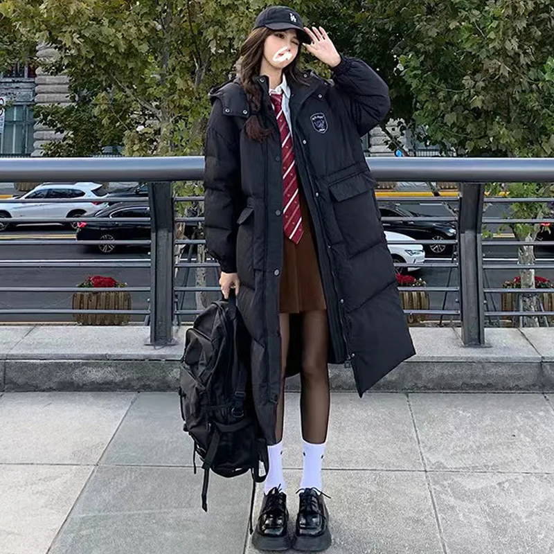2022 Winter Knee Length Parkas for Women Korean Drama Girl Student Black Big Pocket Long Straight Hooded Coats Thickened Outwear
