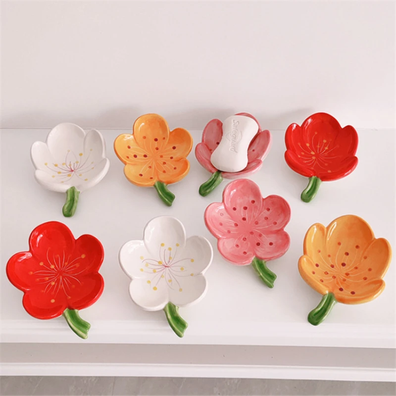 

Ceramic Soap Box Flower Shape Drain Soap Holder Box Bathroom Shower Soap Holder Sponge Storage Tray Water-free Storage Box