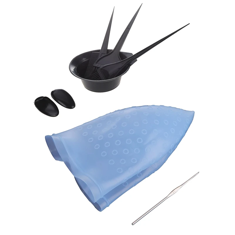 

1 Pcs Dye Hair Coloring Frosting Cap With Metal Hook Blue & 5Pcs Hair Color Dye Tint Tool Set Black