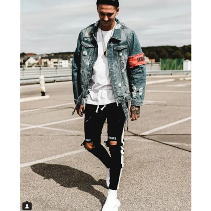 Mens Denim Pant Tight New Explosions Embroidered Slim Feet Side Webbing Elastic Hole Jeans Men