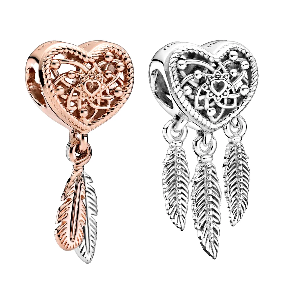 

Openwork Heart Two Feathers Dreamcatcher Charm 925 Silver Fit For Pandora Original Anniversary DIY Bracelet Necklace Gift