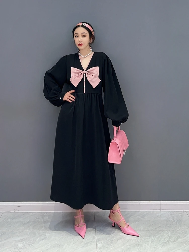 

SuperAen 2023 Весна Лето Новое корейское модное платье с v-образным вырезом и бантом оверсайз женское Платье Макси