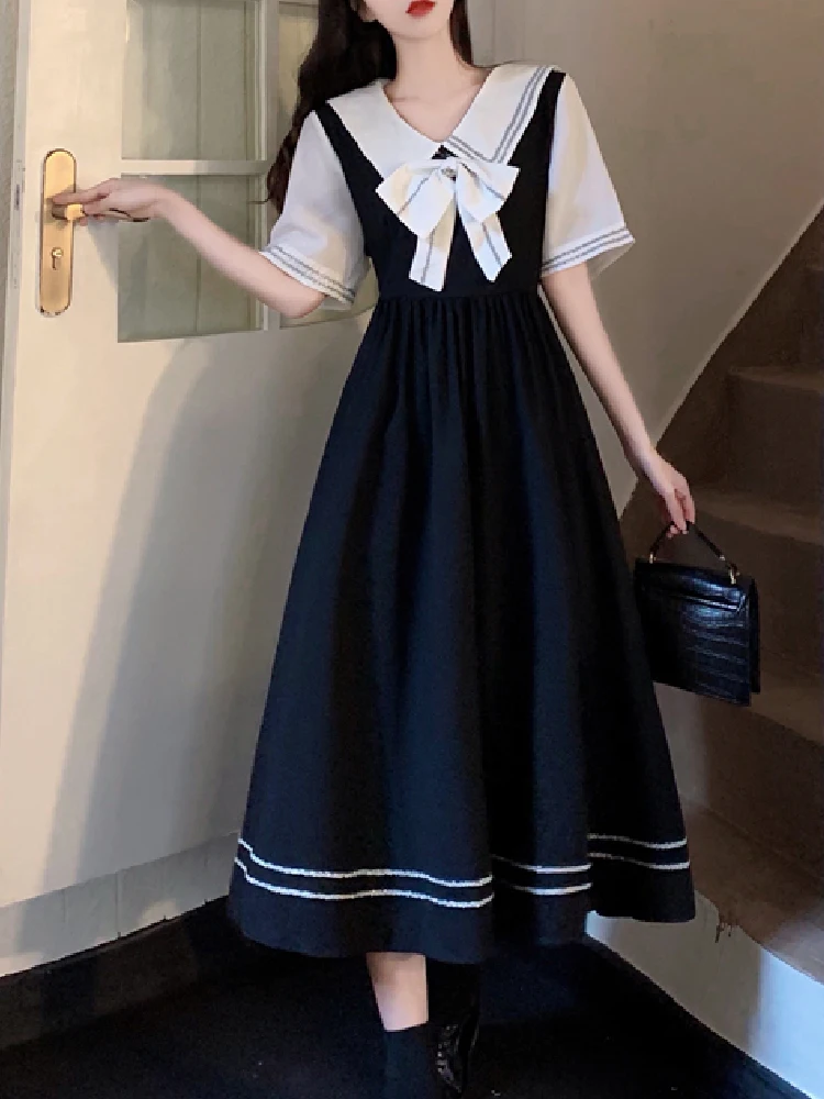 

Japanese Elegant Sweet JK Lolita Style Dress Women's Summer Kawaii Sailor Collar Short Sleeve Evening Princess Mid-Calf Dresses