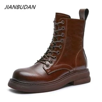 jianbudan ankle boots women leather retro round toe lace up zip fashion ladies shoes autumn winter boots motorcycle shoes
