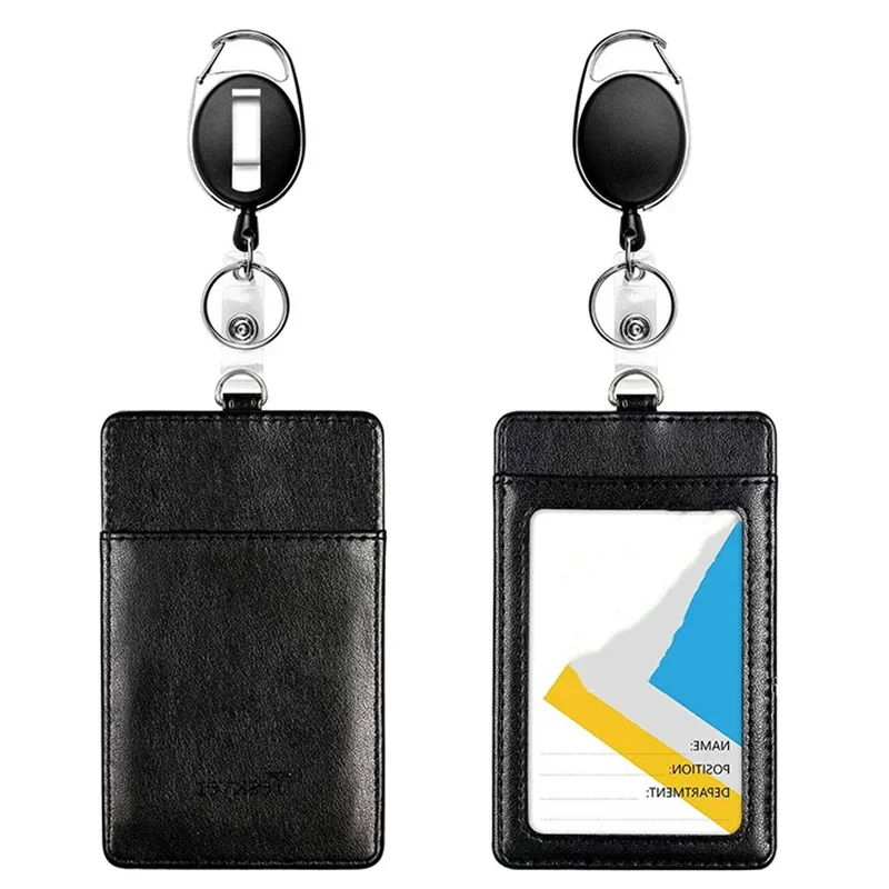 

PU Leather Bus Pass Card Case Cover Badge Holder Women Men Black Card Wallet Retractable Key Chain Lanyard for Keys ID Card