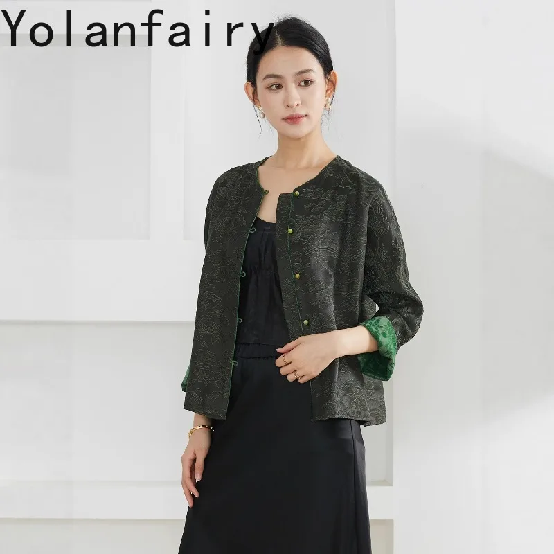 Фото YOLANFAIRY 40 Momme Жаккардовая двусторонняя куртка из гамбированных шелковых тканей для женщин, 30% шелковые рубашки и блузки из тутового шелка, элегантный топ 2026 №3
